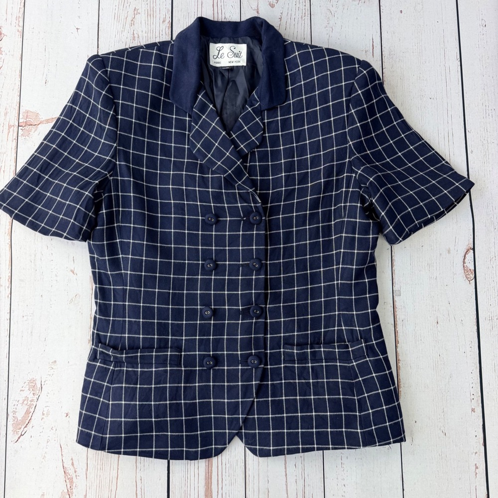 Le Suit Navy Blue Windowpane Plaid Short Sleeve Double Breasted Blazer Size 12